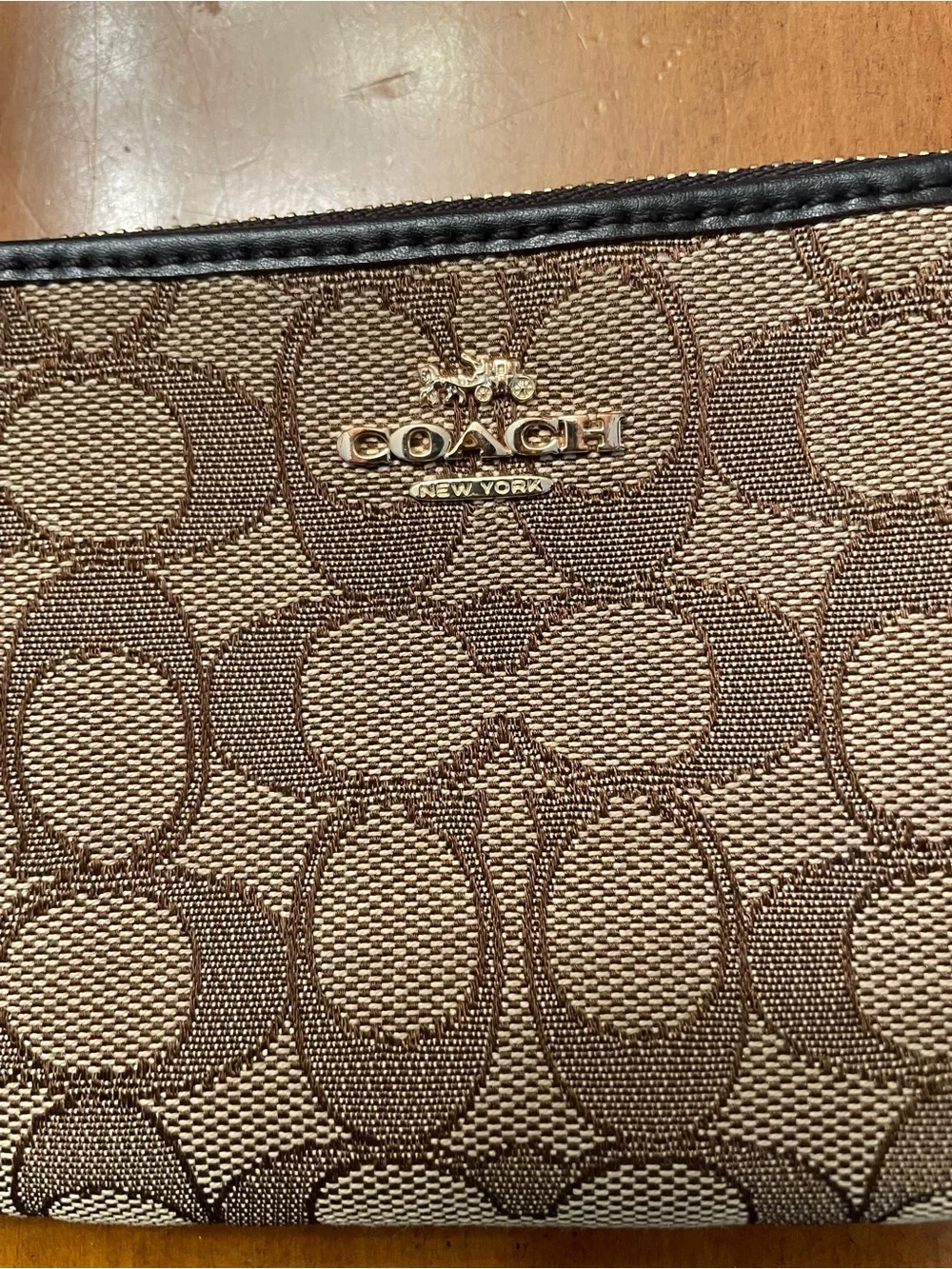 Coach corner zip Wristlet in signature jacquard khaki brown